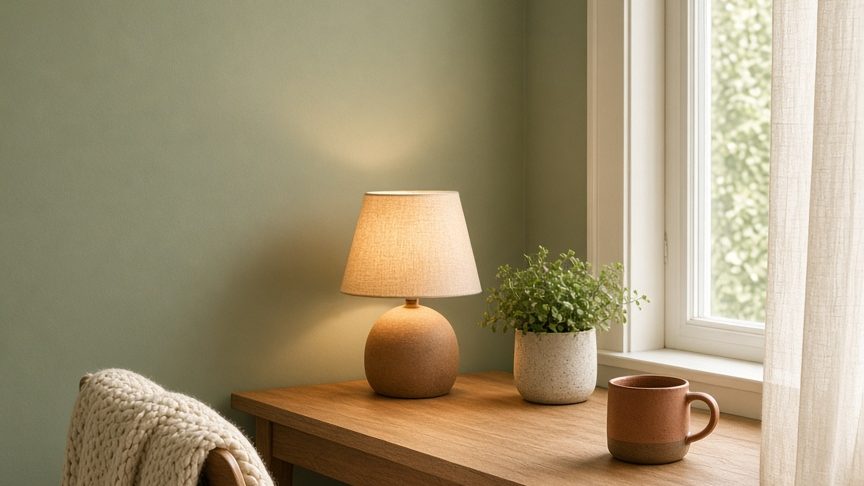 A small, warmly lit home office corner with a wooden desk and soft fall textures