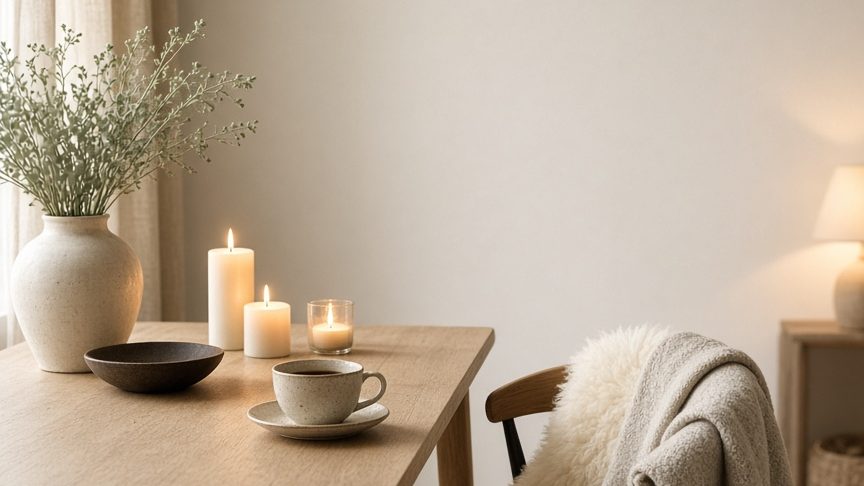 A calm Scandinavian-style home office with natural wood, soft textiles and warm light